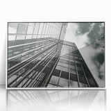 Large framed acrylic print featuring a black and white abstract design in mid-century modernist style.