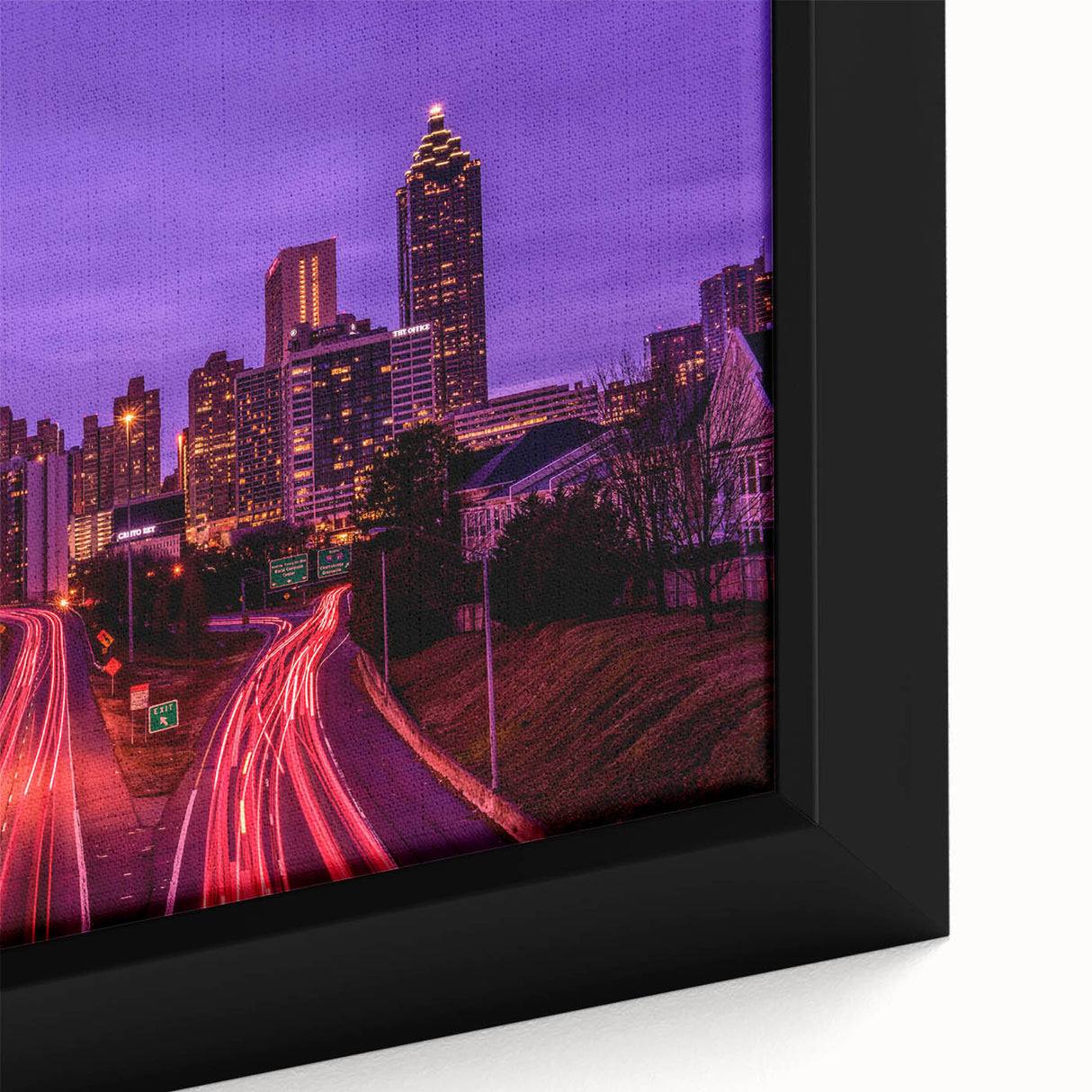 Framed canvas featuring a close-up of the Atlanta skyline in black with textured, colorful accents.