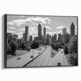 Black and white framed canvas of Atlanta skyline, ideal for bedroom wall art.