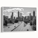 Vintage poster art of Atlanta skyline in vibrant colors on a large framed canvas, ideal for living room decor.