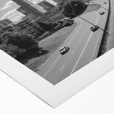 Art deco poster of Atlanta skyline in muted gold and blue tones on rolled canvas, suitable for dining room wall art.