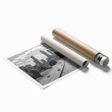 Rolled print of Atlanta skyline in muted gray tones, ideal for classy bathroom wall art.