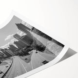 Extra large wall art depicting Atlanta skyline in muted gray tones on rolled canvas, suitable for large living room decor.