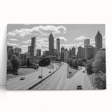 Black and white stretched canvas of Atlanta skyline, ideal for kitchen wall art or bedroom ambiance.