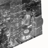 Mid-century modernist style acrylic print of Atlanta skyline in muted gray and blue tones, ideal for dining room art.