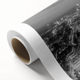 Art Deco-style Atlanta skyline on rolled canvas, featuring muted gray and blue tones, ideal for nursery wall art.