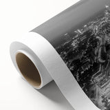 Art Deco-style Atlanta skyline on rolled canvas, featuring muted gray and blue tones, ideal for nursery wall art.