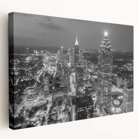 Atlanta skyline depicted in muted gray and blue tones on a large stretched canvas, suitable for kitchen wall art.