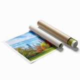 Atlanta skyline in muted gray and blue tones on a large rolled canvas, suitable for modern bathroom decor.