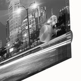 Mid-century modernist Atlanta skyline in muted gray and blue tones on acrylic glass, ideal for dining room art.