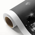 Art deco poster of Atlanta skyline in muted gray and blue tones on rolled canvas, ideal for nursery wall art.