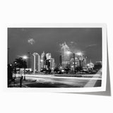 Atlanta skyline in muted gray and blue tones on a rolled canvas, suitable for dining room wall art.