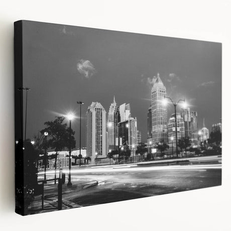 Atlanta skyline depicted in muted gray and blue tones on a large stretched canvas, ideal for kitchen wall art.