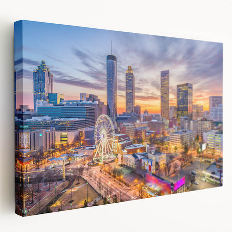 Atlanta skyline in muted gray and blue tones on a large stretched canvas, suitable for kitchen wall art.