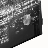 Large abstract depiction of Baltimore skyline in muted gray and blue on acrylic glass, suitable for dining room art.