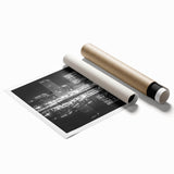 Baltimore skyline in muted gray and blue tones on a rolled canvas, suitable for large living room wall art.