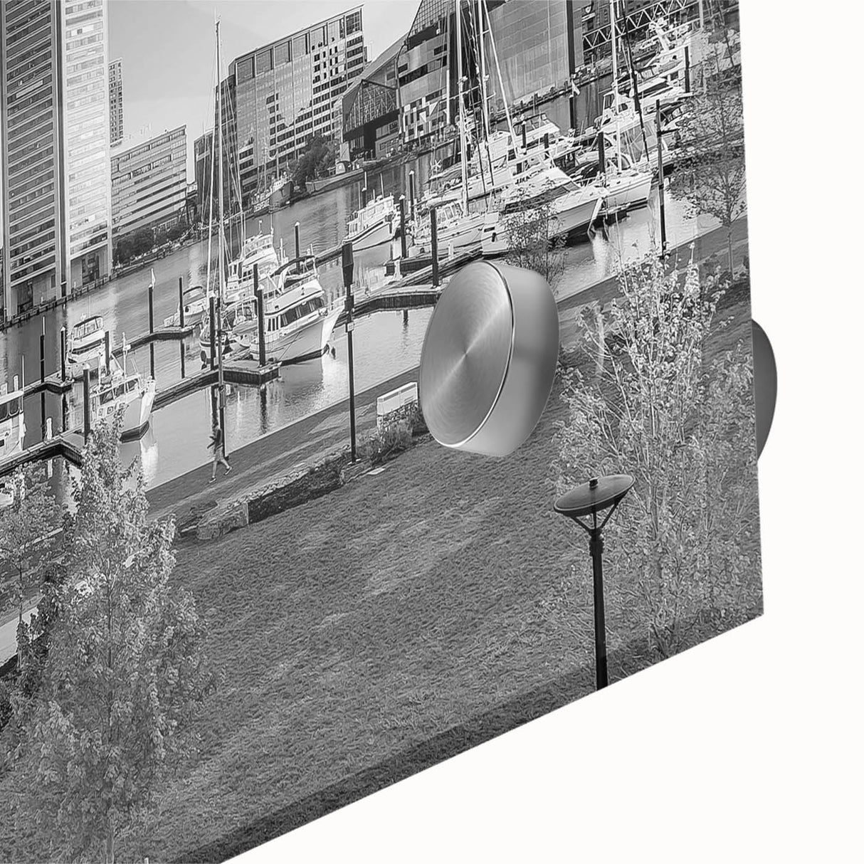 Mid-century modernist Baltimore skyline in muted gray and blue tones on acrylic, ideal for dining room art.