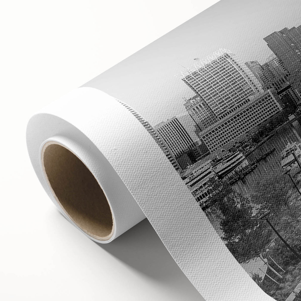 Art Deco-style Baltimore skyline on rolled canvas with bold black and gold tones.