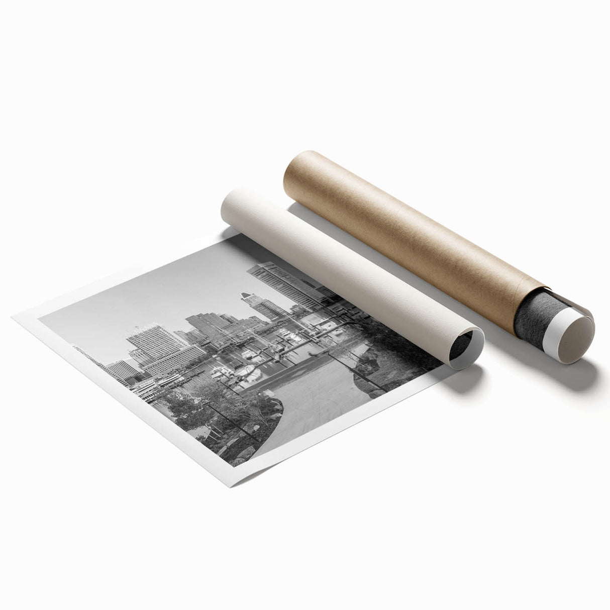 Rolled print of Baltimore skyline with muted gray and blue tones, suitable as large living room wall art.