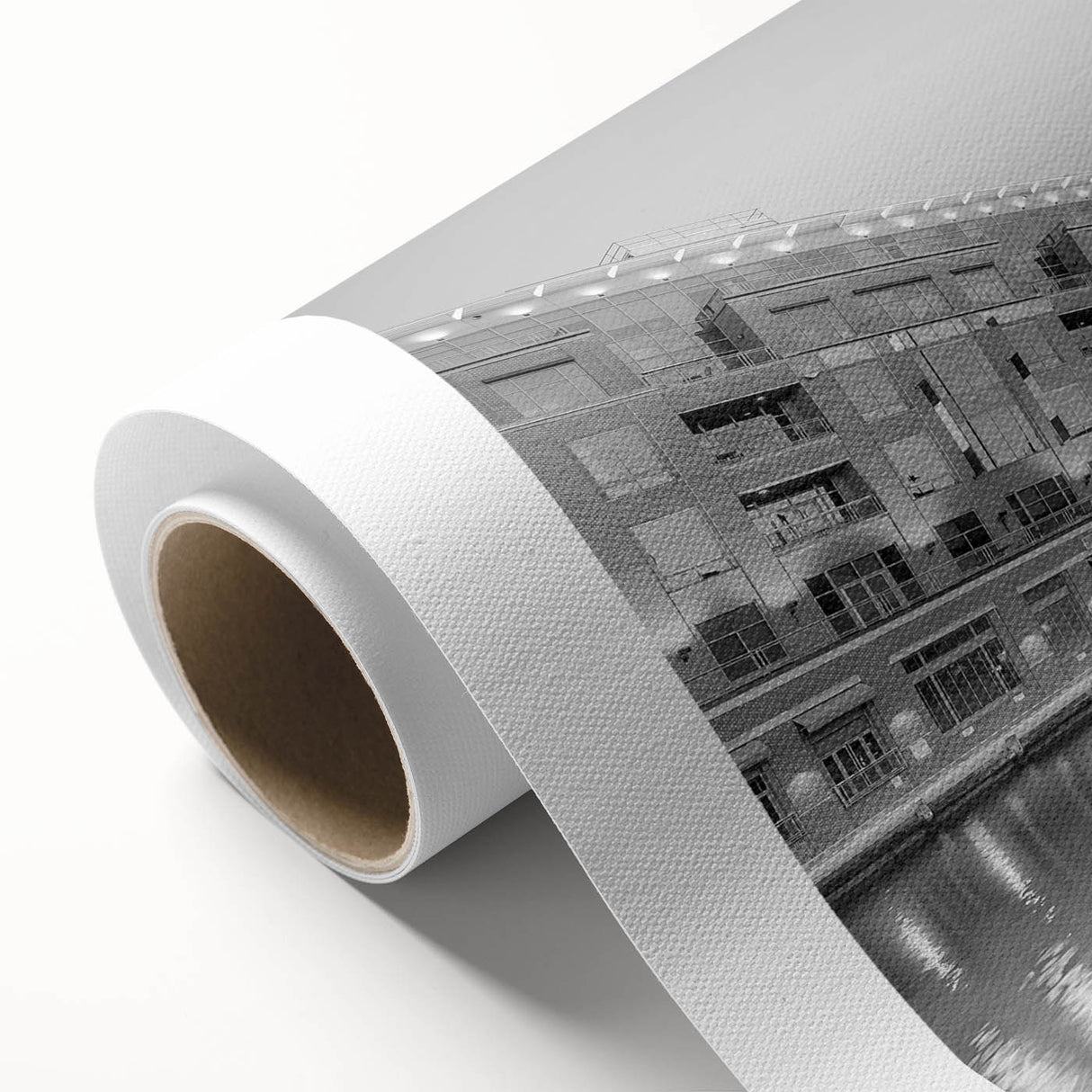 Art deco poster of Baltimore skyline in muted gray and blue tones on rolled canvas.