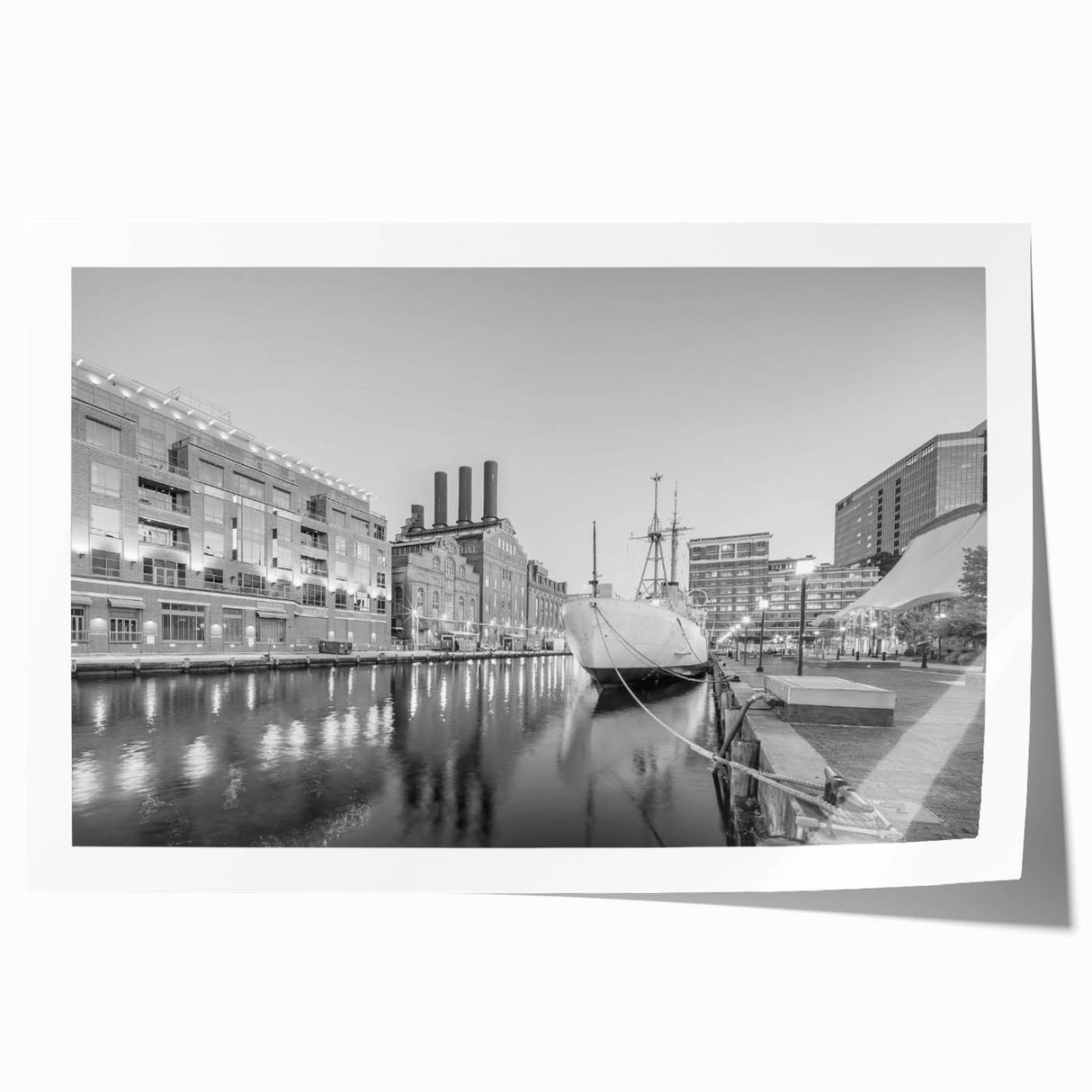 Art deco poster of Baltimore skyline in muted gray and blue tones on rolled canvas, suitable for dining room wall art.