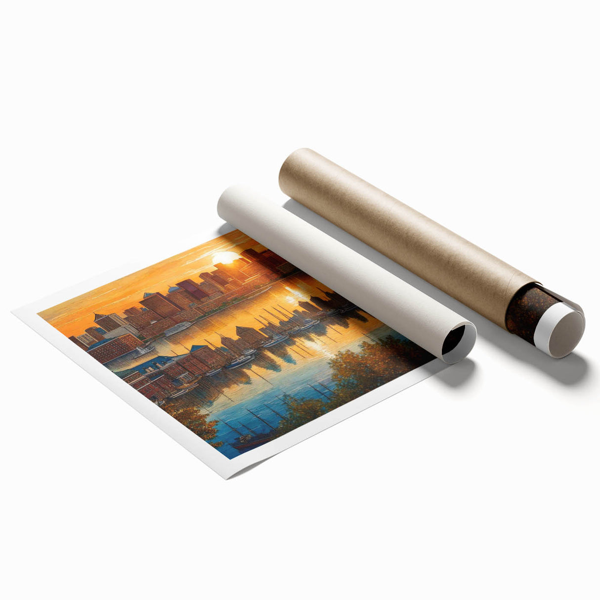 Rolled print of Baltimore skyline in muted colors, suitable for large living room or bathroom wall art.