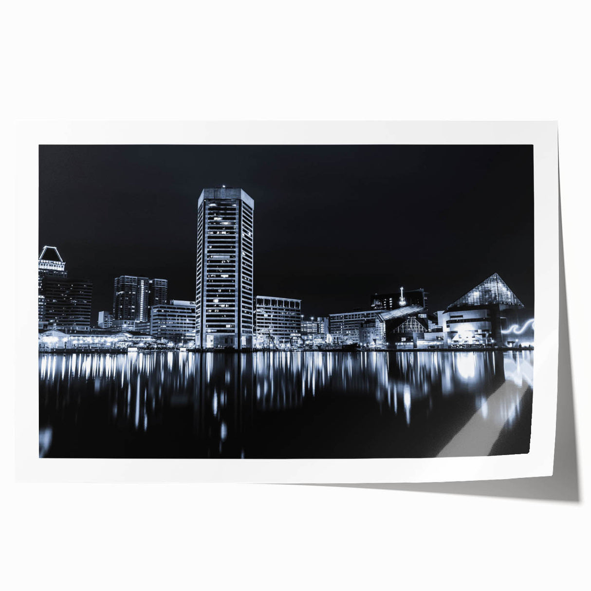 Baltimore city skyline in muted gray tones on a large rolled canvas, suitable for dining room wall art.