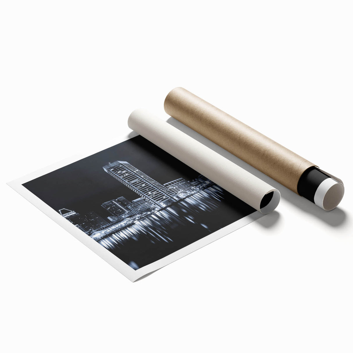 Rolled print of Baltimore skyline in muted gray tones, ideal for classy bathroom wall art.