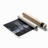 Rolled print of Baltimore skyline in muted gray tones, ideal for classy bathroom wall art.