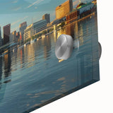 Mid-century modernist Baltimore skyline in muted tones on large acrylic glass, ideal for dining room art.