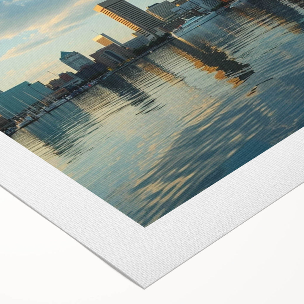 Art deco poster of Baltimore skyline in monochrome shades on rolled canvas, suitable for dining room wall art.