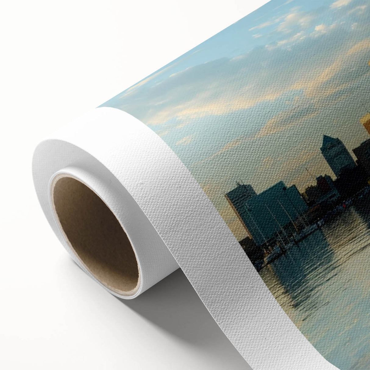 Art deco style Baltimore skyline in pastel colors on rolled canvas, ideal for nursery wall art.