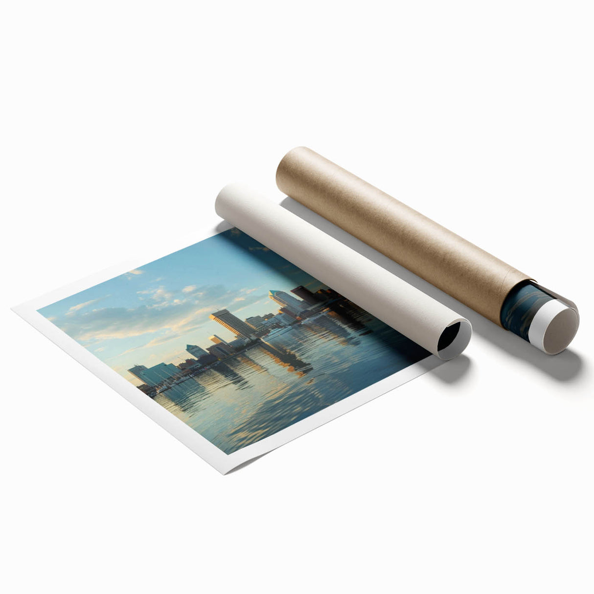 Extra large rolled print of Baltimore skyline in muted gray tones, suitable for classy bathroom wall art.