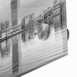 Acrylic print of Baltimore skyline in muted gray and blue tones, suitable for bedroom or dining room decor.