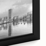 Close-up of a black framed canvas depicting the Baltimore skyline in colorful, textured art, ideal for living room decor.