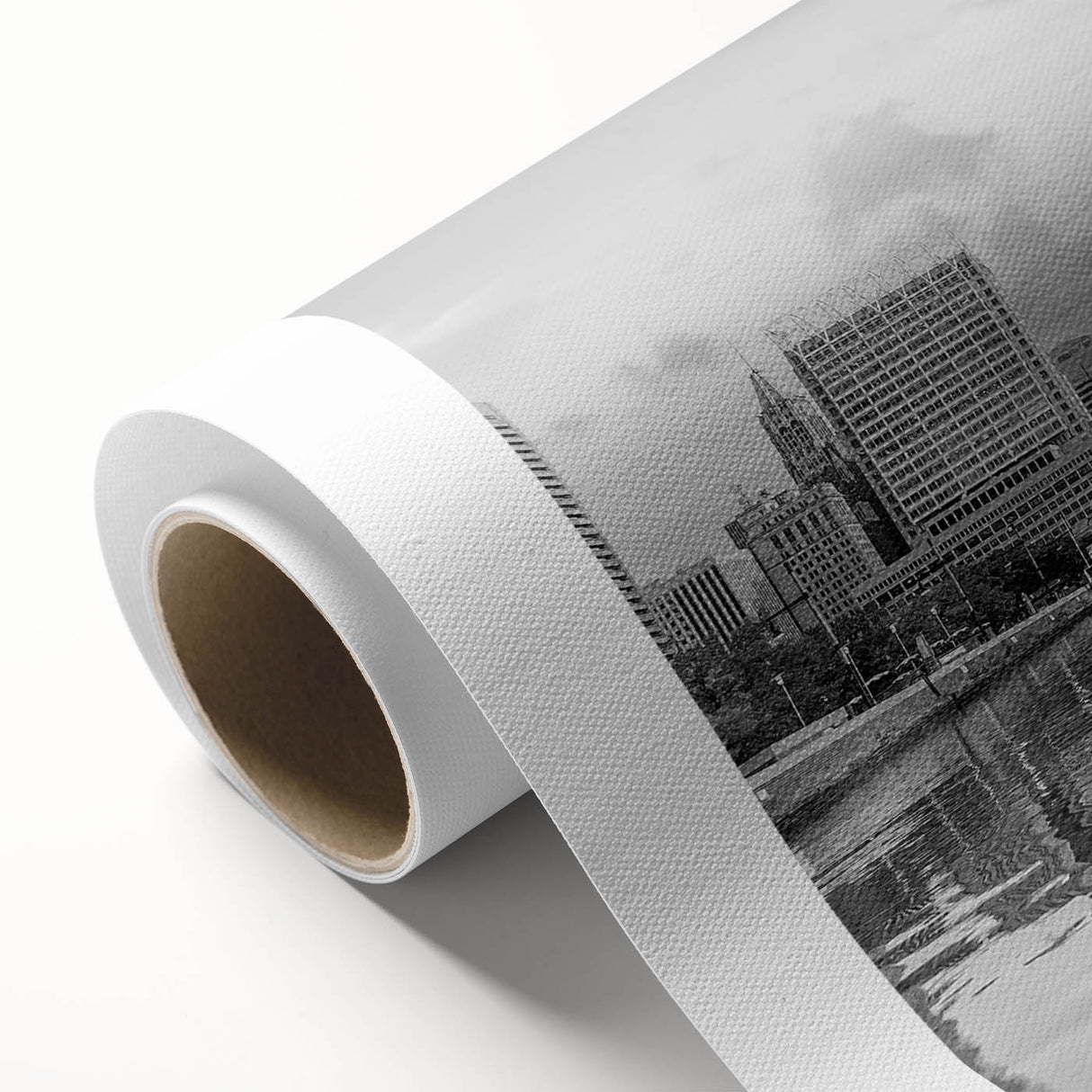 Art deco poster of Baltimore skyline in muted gray and blue tones on rolled canvas, ideal for nursery wall art.