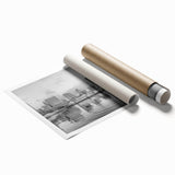Rolled print of Baltimore skyline in muted gray tones, ideal for classy bathroom wall art.