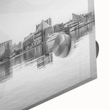 Acrylic print of Baltimore skyline in muted gray and blue tones, suited for dining room art in a mid-century modernist style.