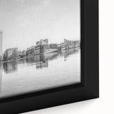 Close-up of a textured, extra large framed canvas depicting the Baltimore skyline in black with colorful accents.