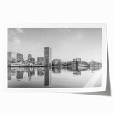 Rolled print of Baltimore skyline in muted gray tones, suitable for dining room or bathroom decor.