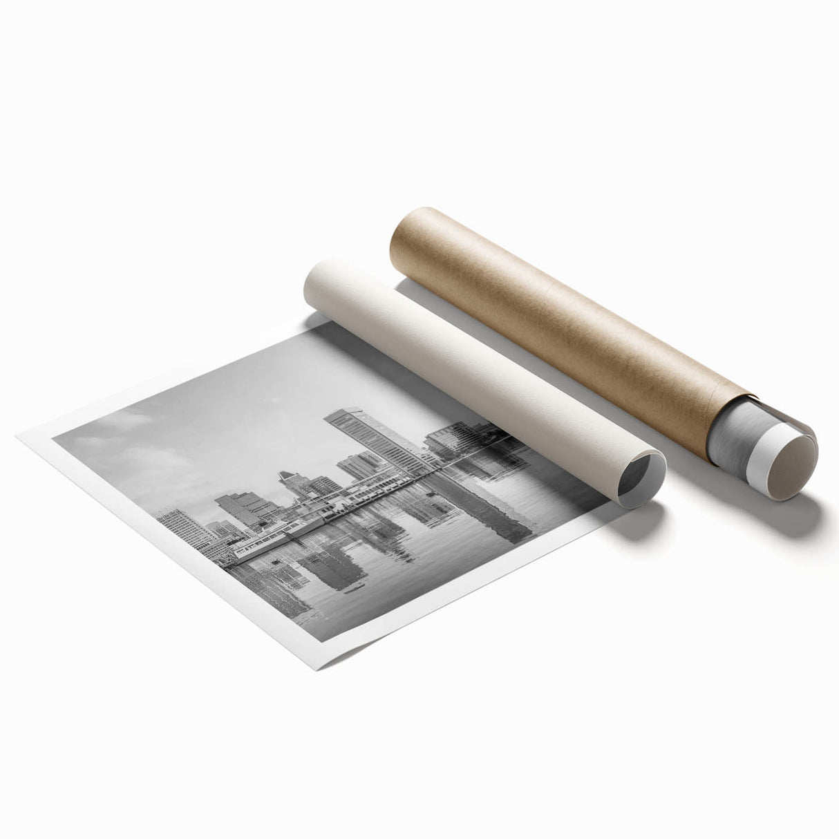Rolled print of Baltimore skyline in muted blue and gray tones, ideal for classy bathroom wall art.