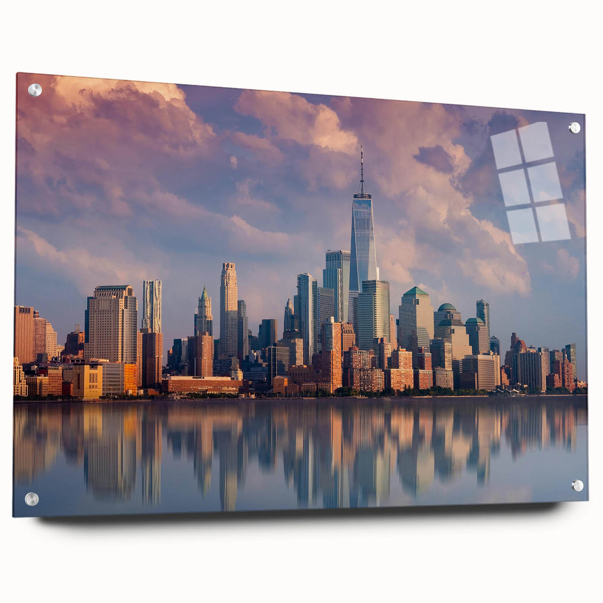 Acrylic print of New York City skyline in muted gray tones, ideal for modern bedroom or dining room decor.