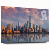 Acrylic print of New York City skyline in muted gray tones, ideal for modern bedroom or dining room decor.