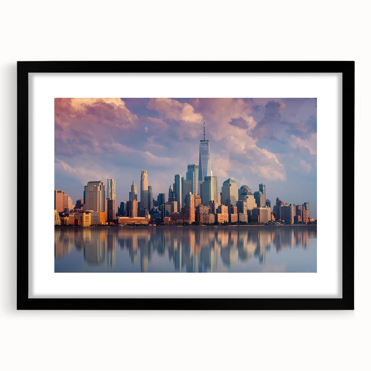 Abstract art print of New York City skyline in vibrant colors on a large framed canvas, suitable for living room decor.