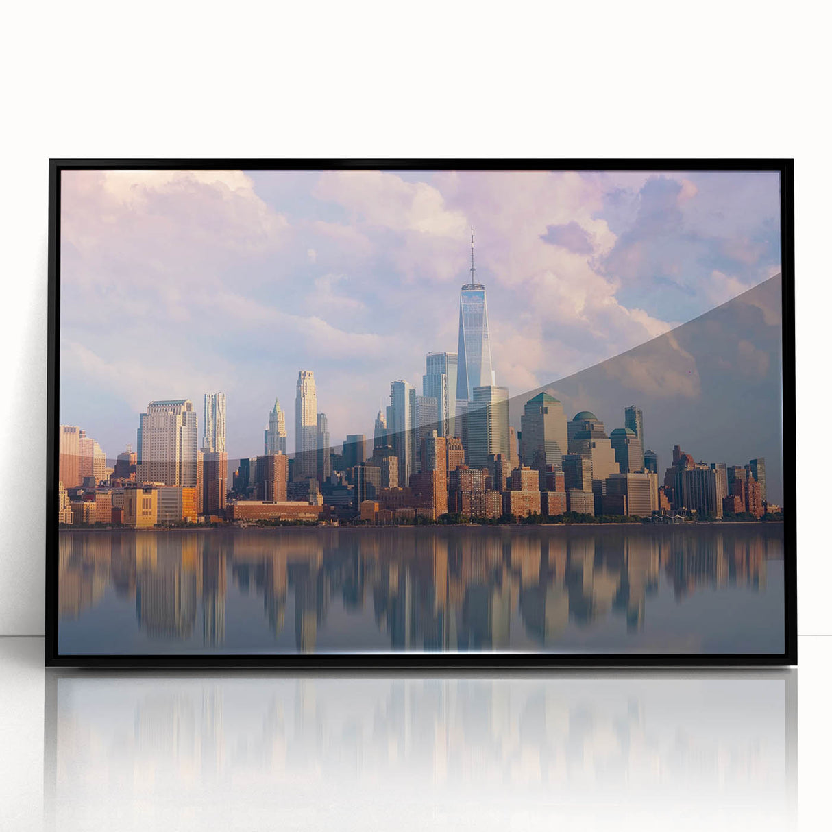 Large abstract wall art of New York City skyline in black and white tones, framed acrylic.