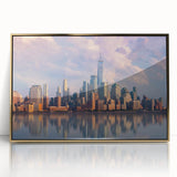 Acrylic print of New York City skyline in gold frame, featuring mid-century modernist style, ideal for modern art wall decor.