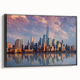 Black and white framed canvas of New York City skyline, ideal for bedroom wall art.