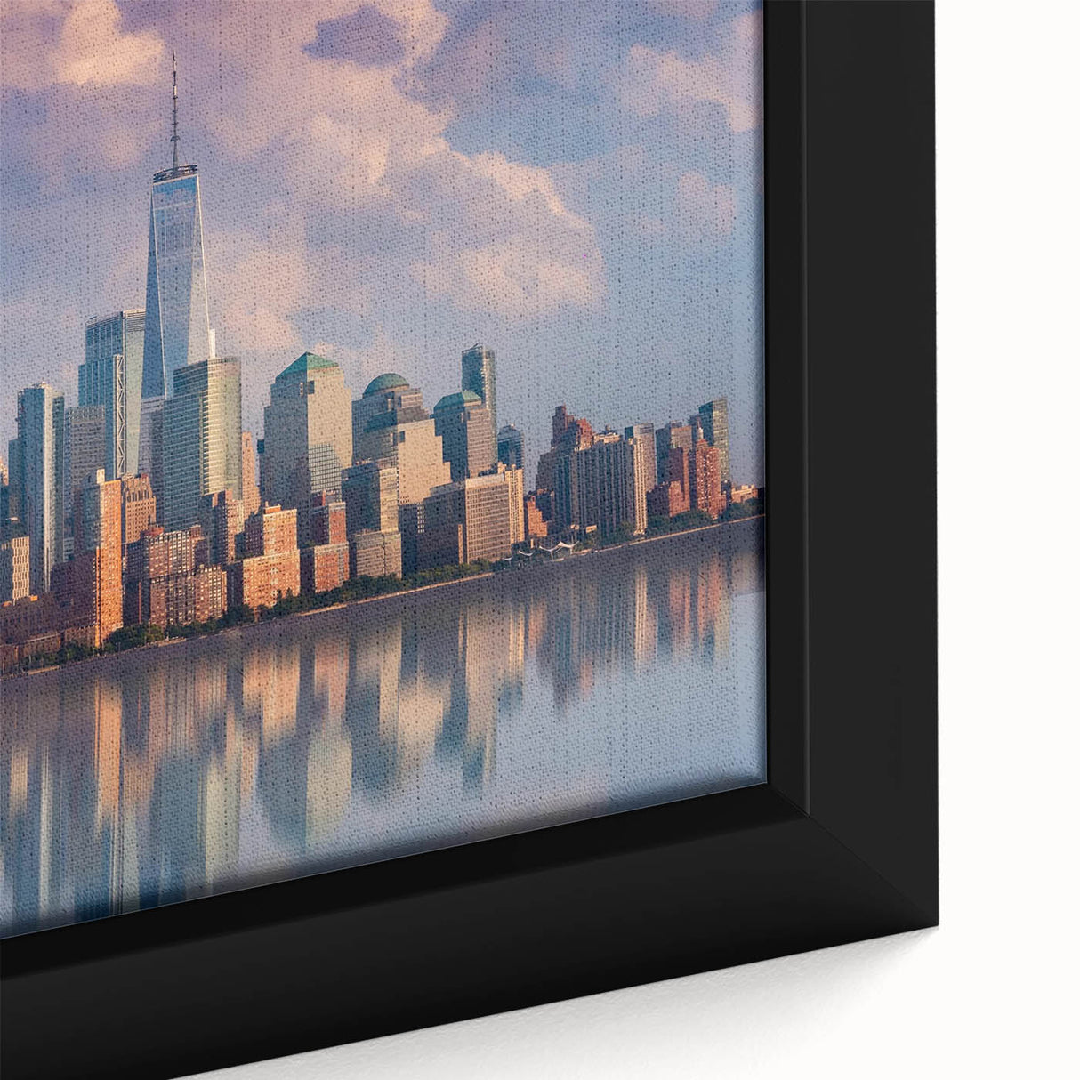 Close-up of a textured black wall art depicting New York City skyline, featuring vibrant colors, on a framed canvas.