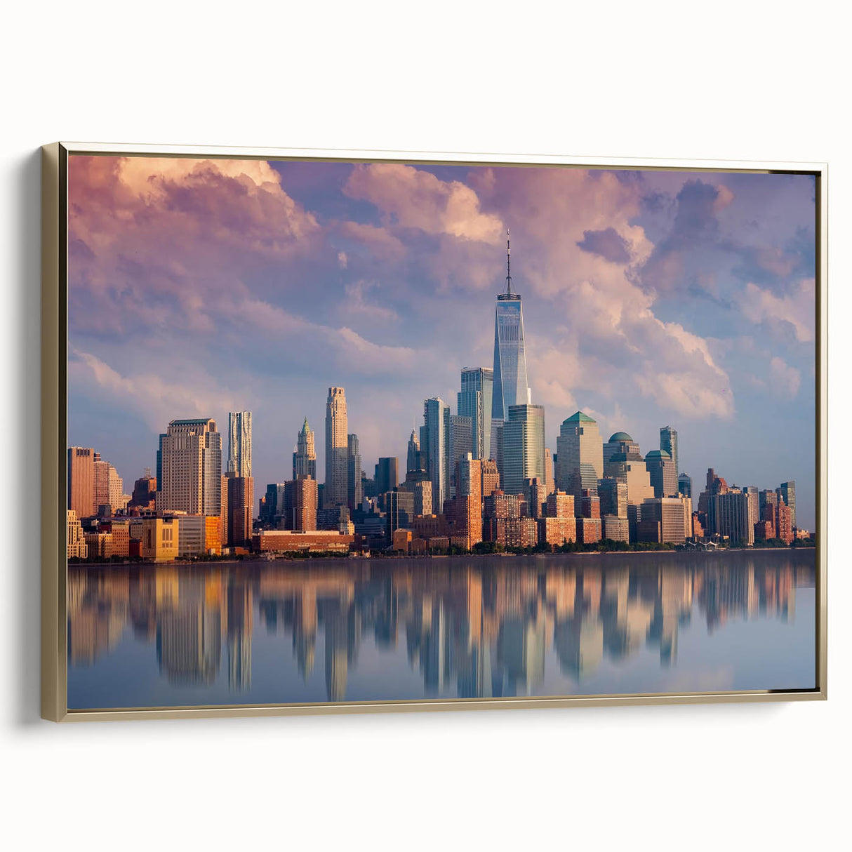 Framed canvas featuring a colorful New York City skyline, ideal for enhancing a modern living room decor.