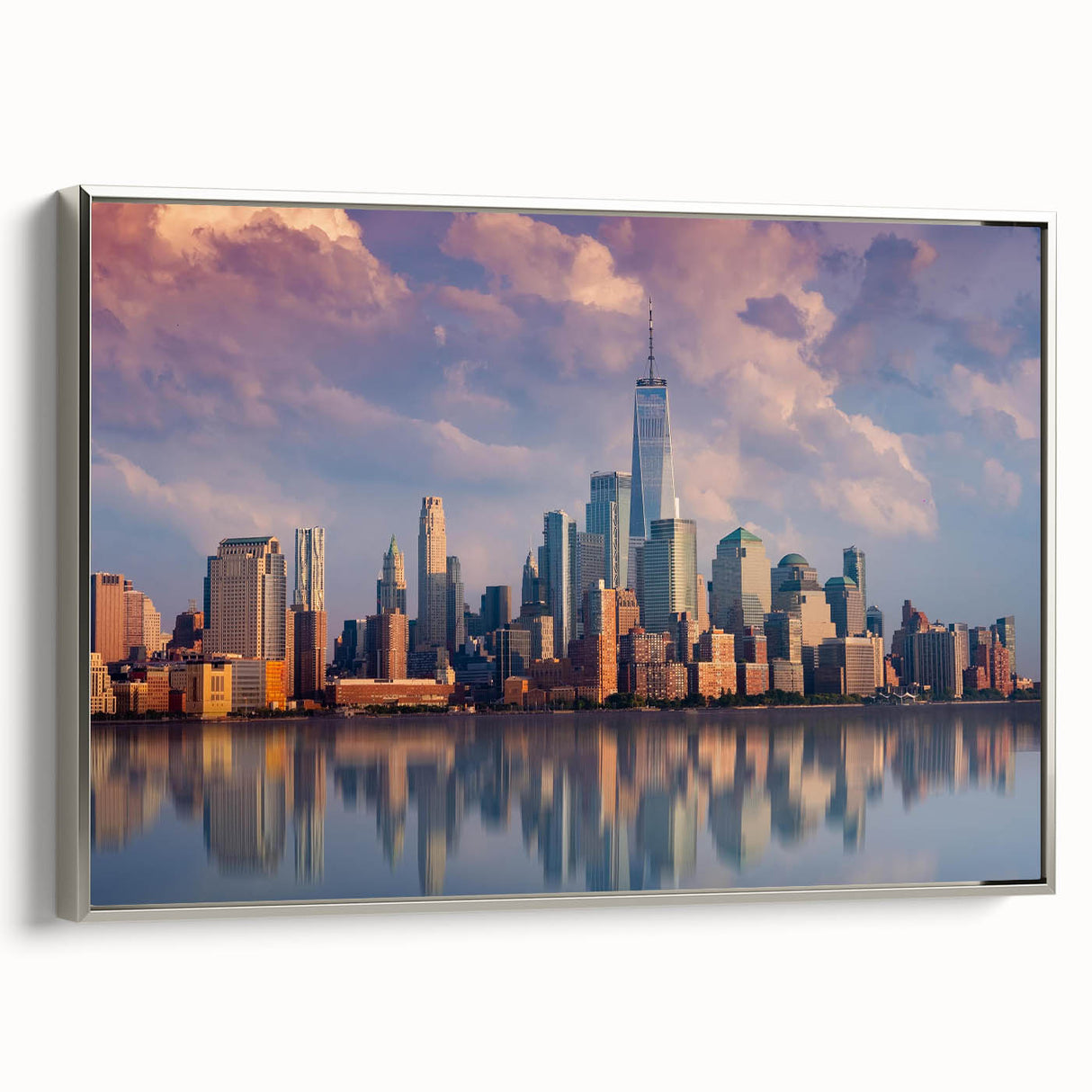 Vintage poster art of New York City skyline in black and colorful hues on a large framed canvas.